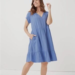 PACT 100% Organic Cotton Blue V-Neck Short Sleeve Tiered Mini Swing Dress XS S